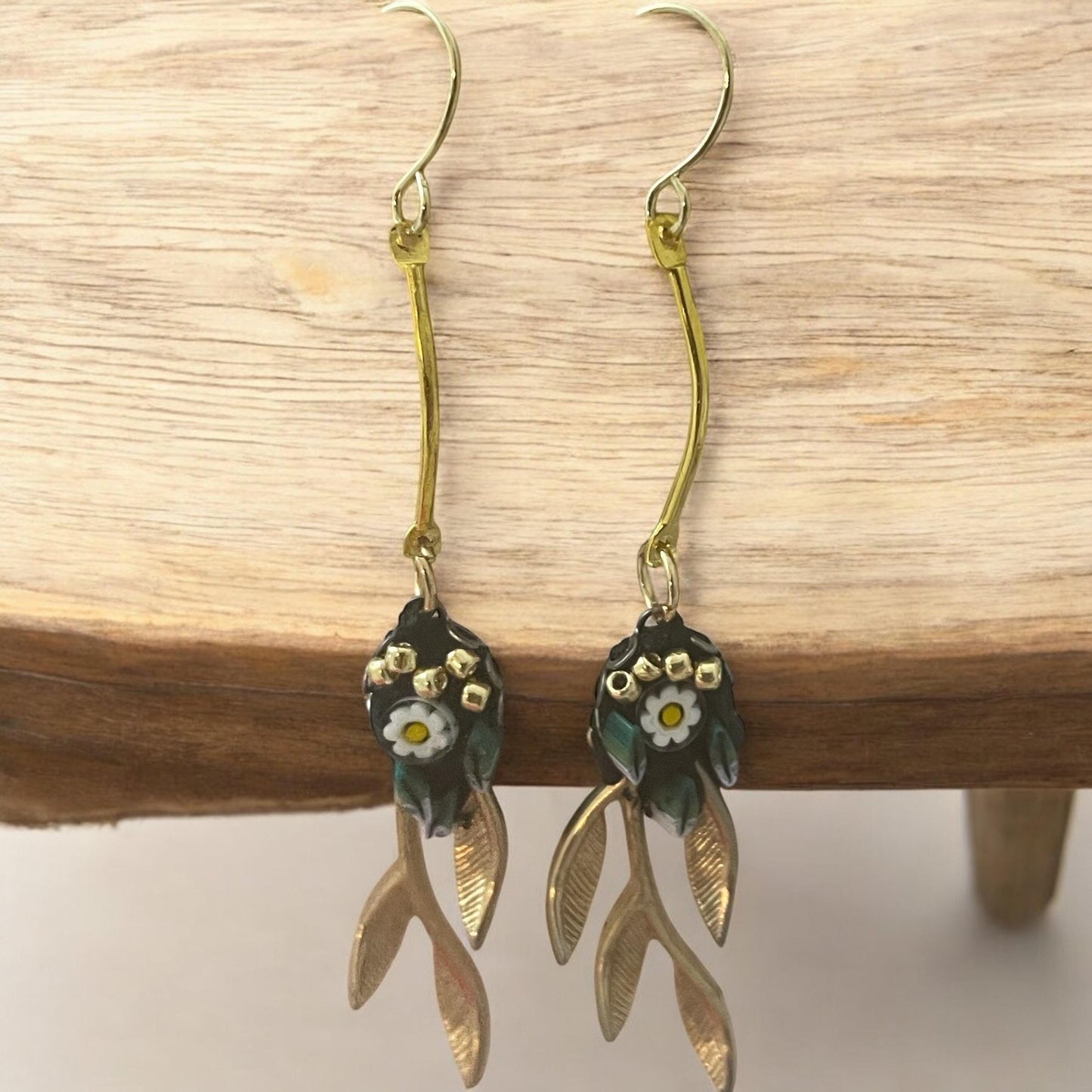 Handmade micro mosaic with gold leaves - long dangle earrings