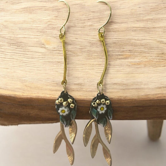 Handmade micro mosaic with gold leaves - long dangle earrings