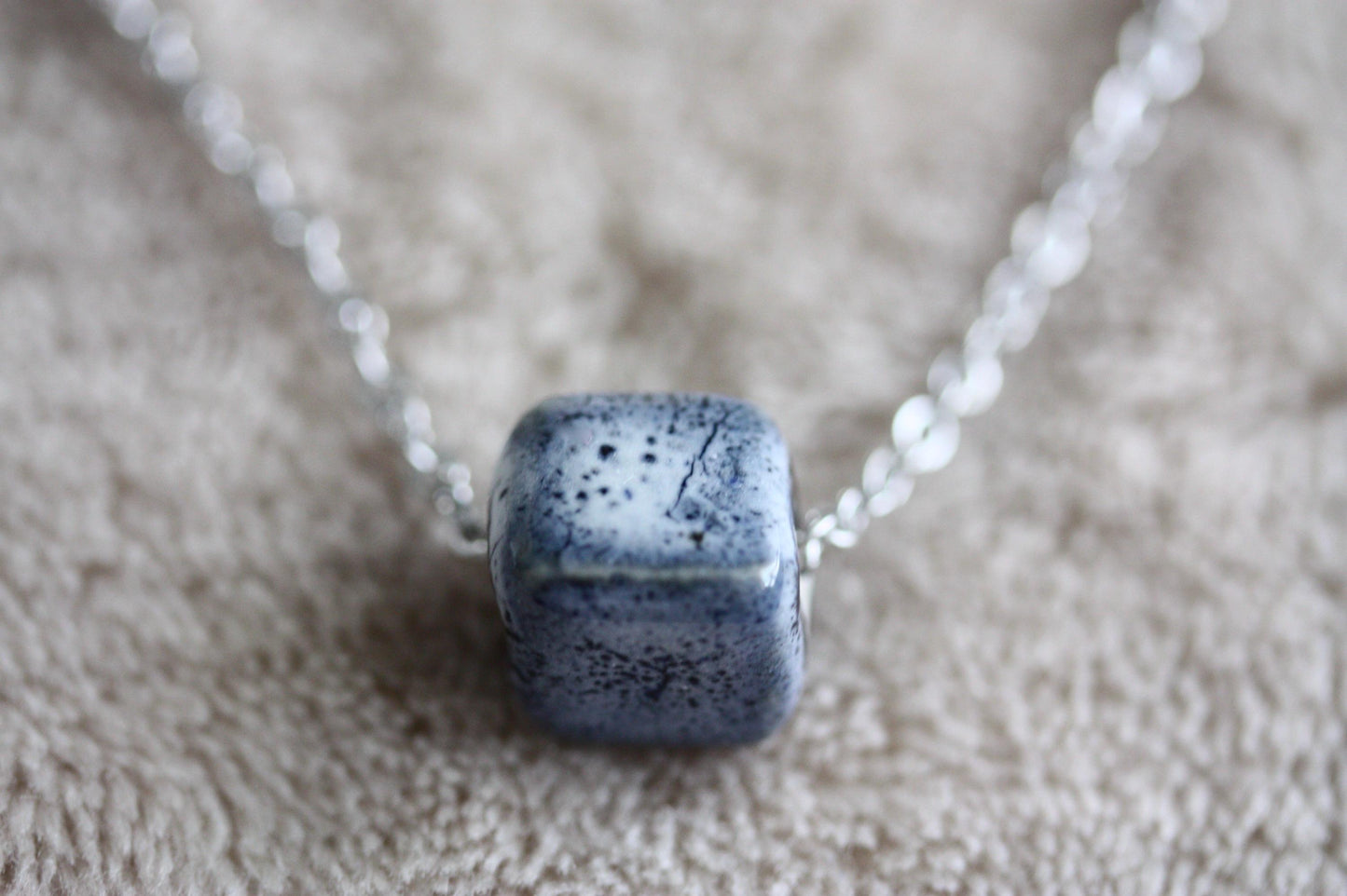 Speckled blue clay pottery cube minimalist necklace on silver tone chain