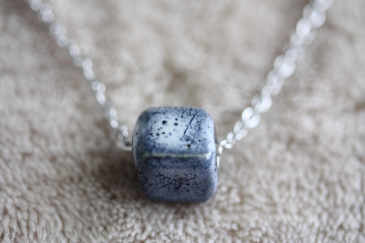 Speckled blue clay pottery cube minimalist necklace on silver tone chain