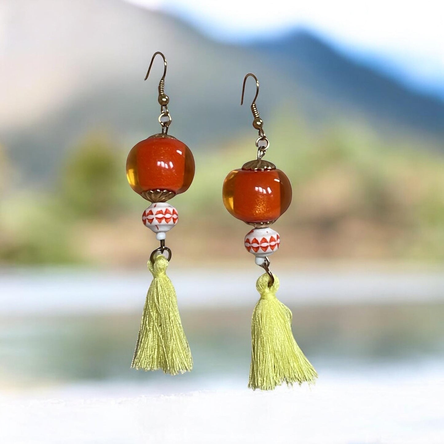 Orange Beaded Earrings with Yellow Tassels – Handmade Boho Dangle Earrings, Bright Summer Jewelry, Festival Accessories, Gift for Her