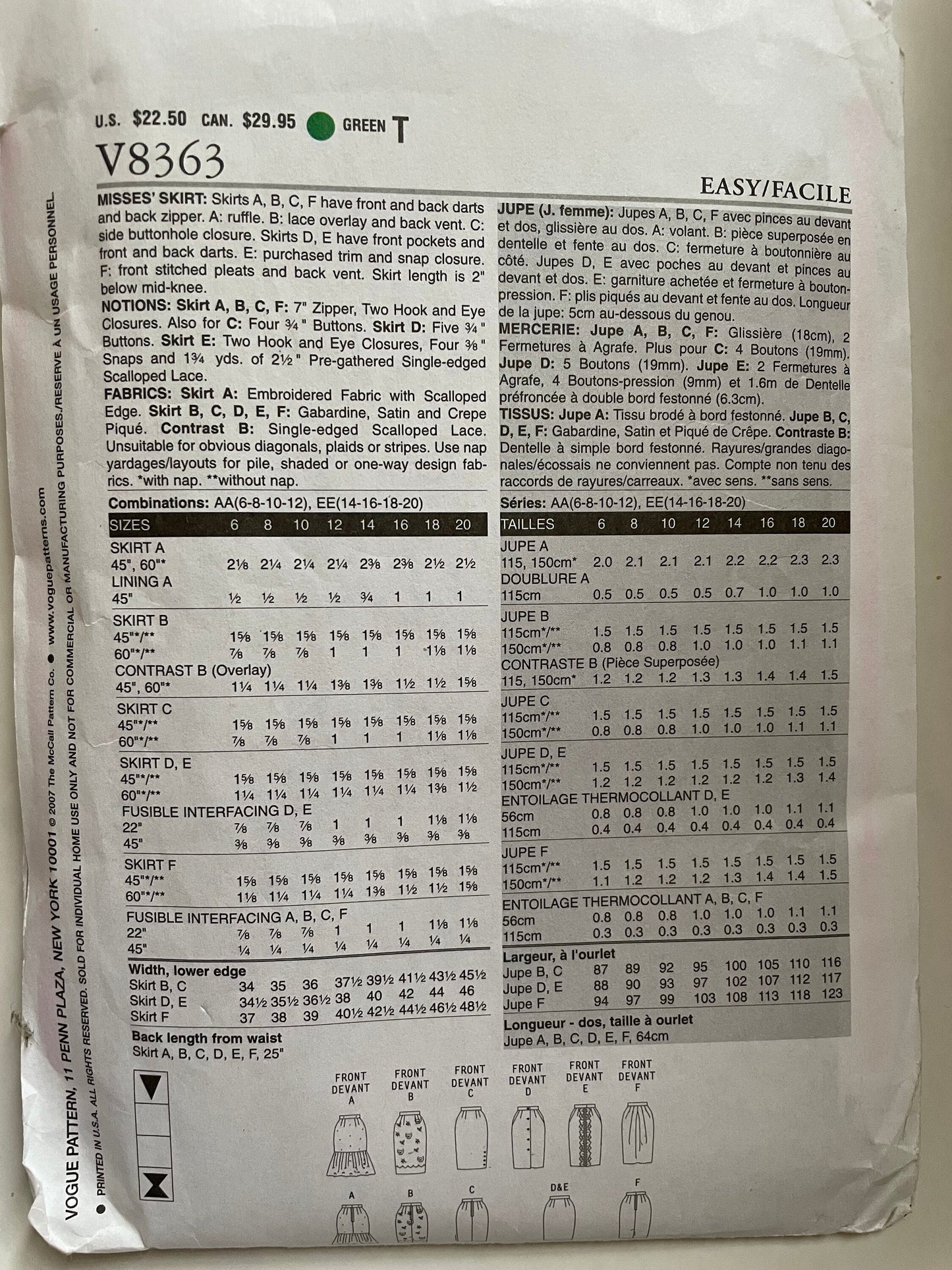 UNCUT Sewing Pattern - Vogue V8363 Skirt, Size EE (14-16-18-20), Plus Size