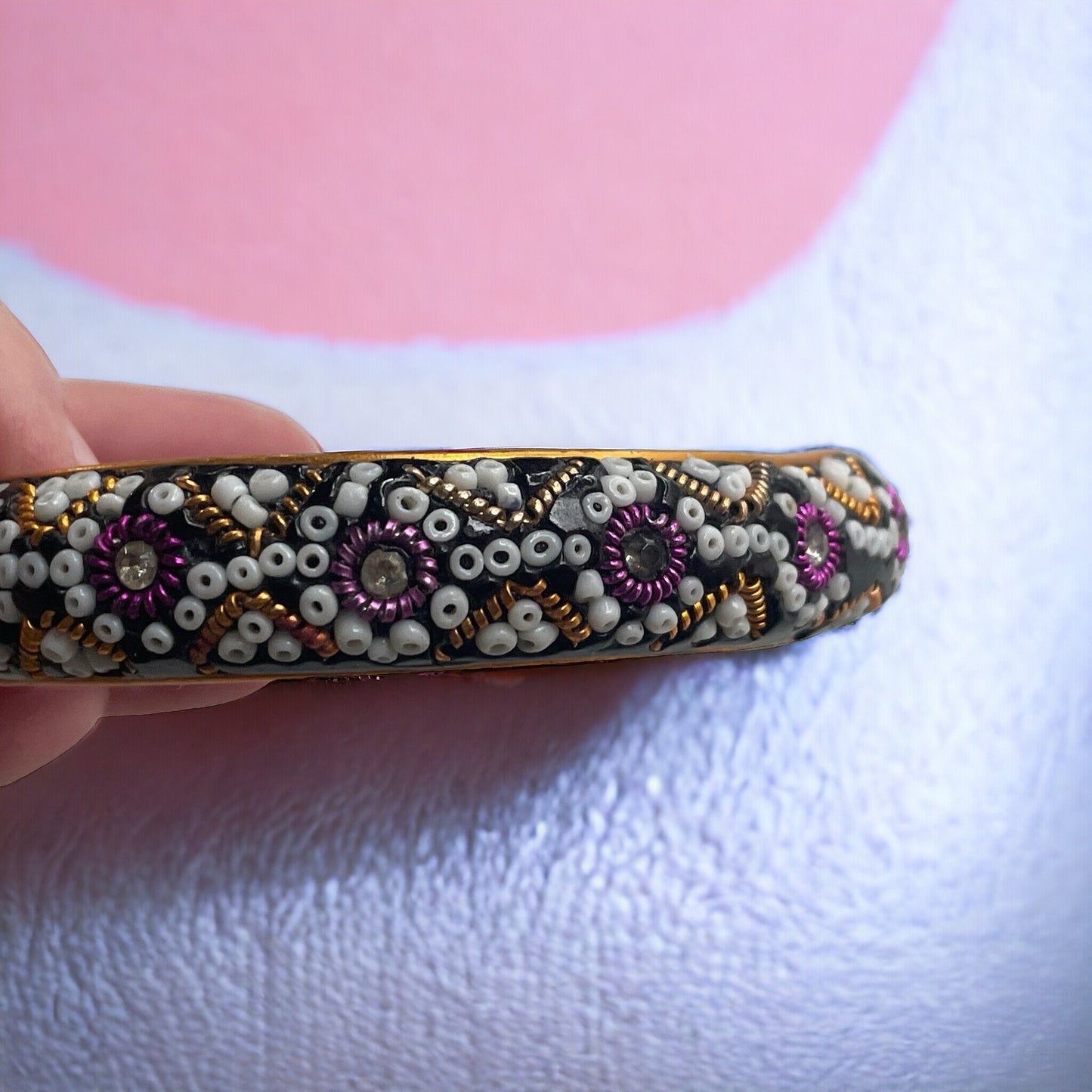 Vintage glittery, sparkly, beaded bangle bracelet - purple, white, gold