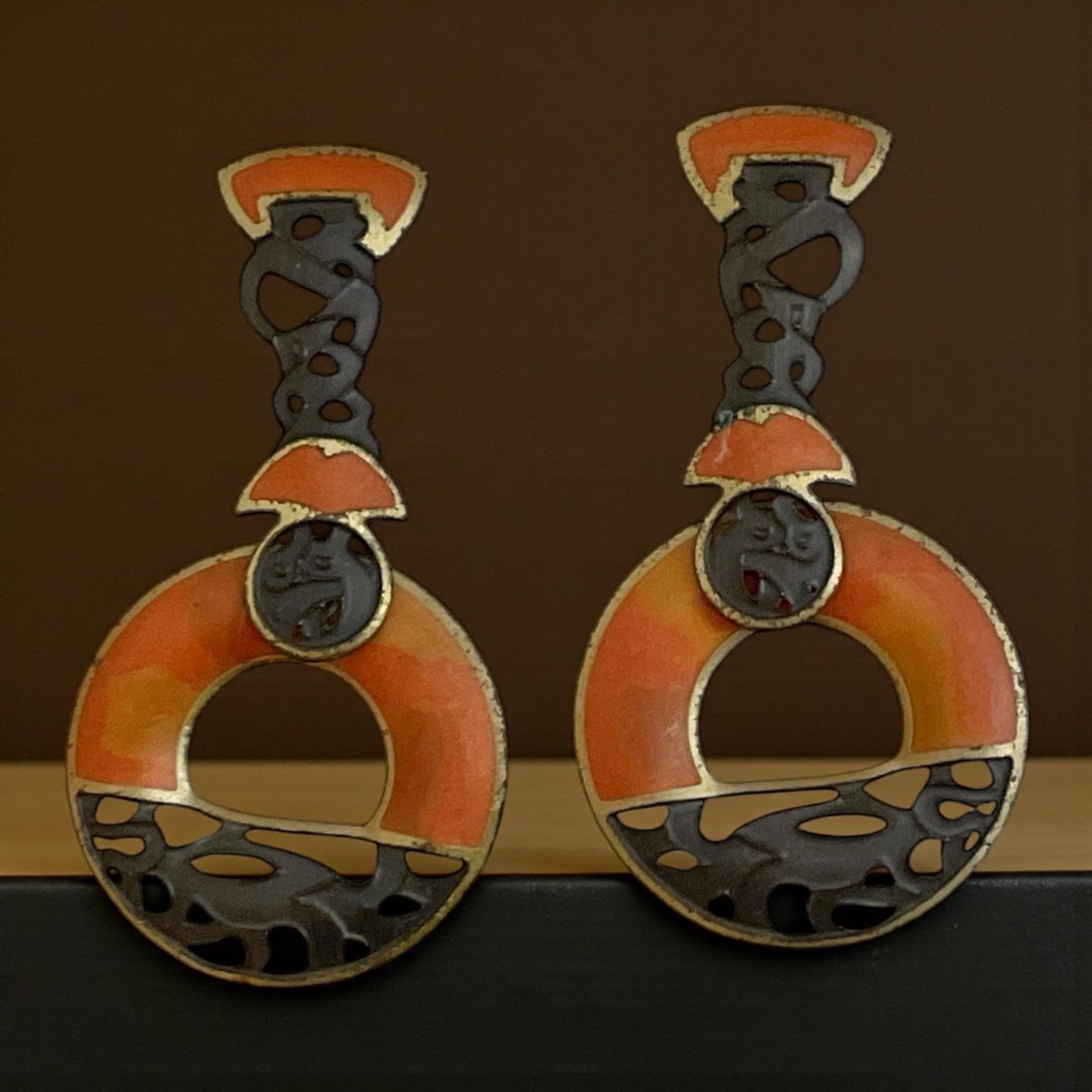 Vintage Berebi Earrings – Bold Art Deco Enamel Dangle Orange Black Statement Jewelry