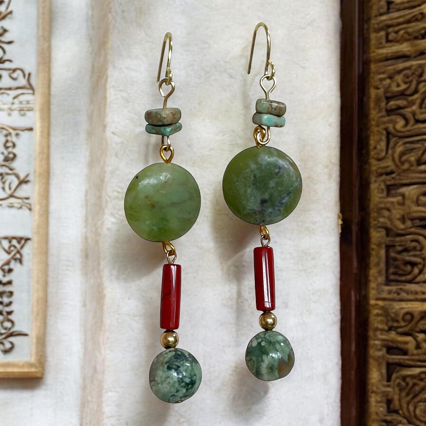 Olive jade, turquoise chips and red stone tubular handmade dangle earrings - Handmade Boho Gemstone Jewelry | Gift for Her