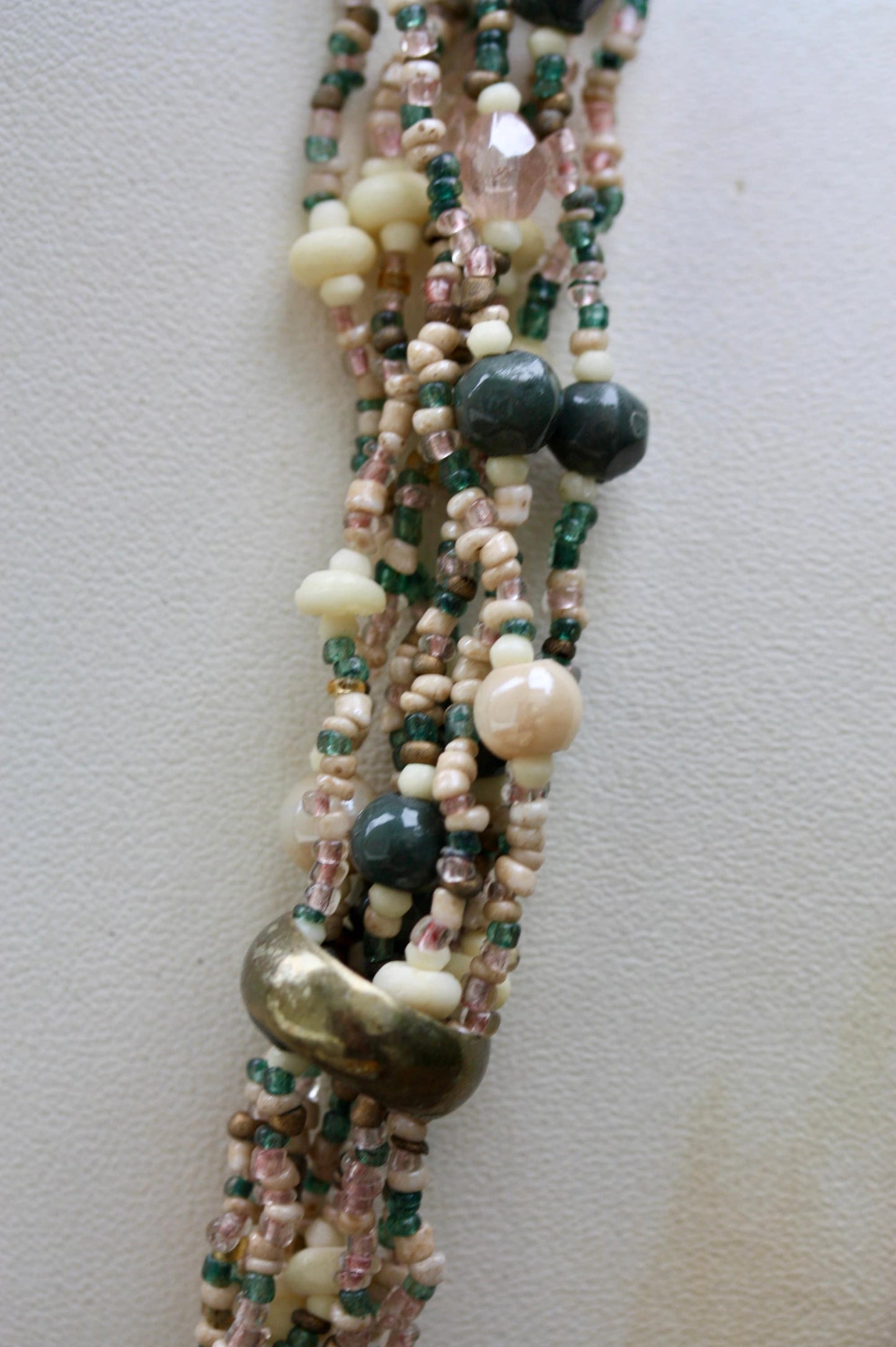 Stunning mixed material -  shades of pink, green and cream multi strand vintage necklace with adjustable hoops