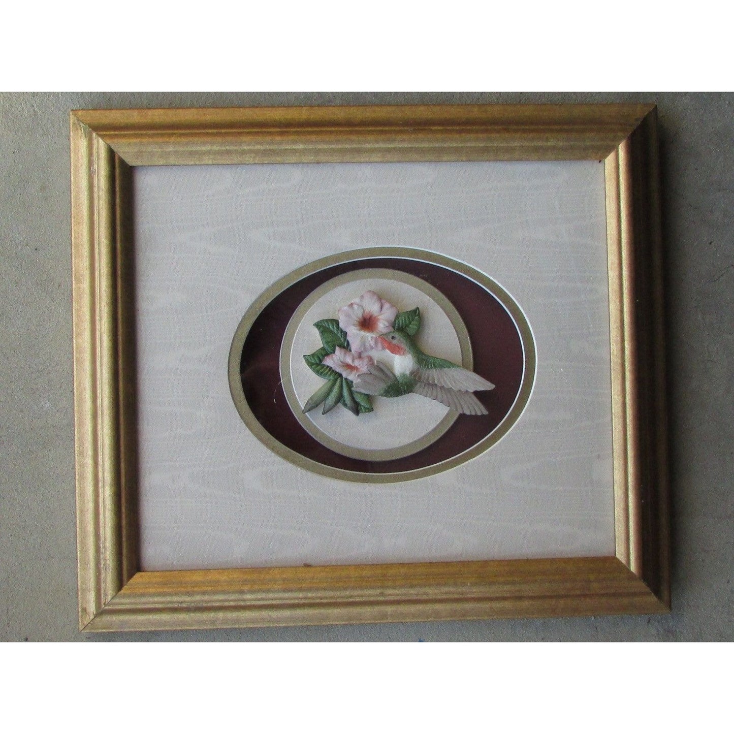 Handmade & framed vintage porcelain hummingbird sculpture by renowned sculptor Ron Goeke