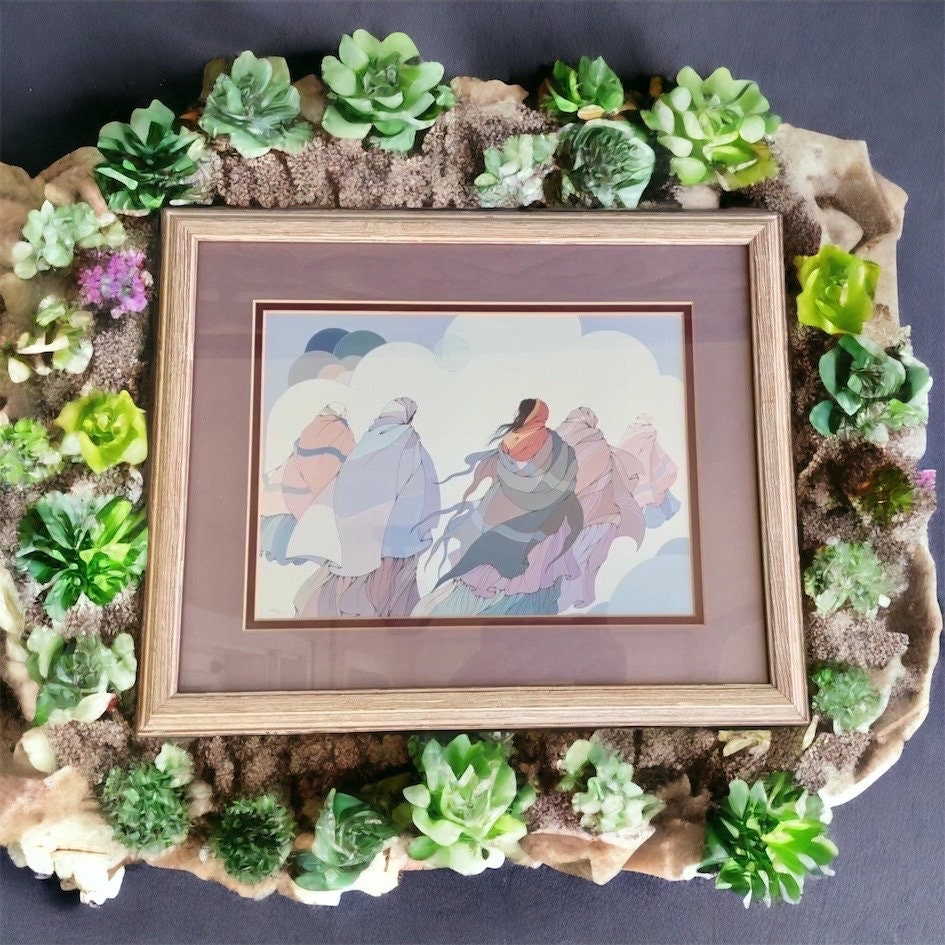 Stunning framed and matted vintage print by the late artist Diane O'Leary titled The Long Journey - Native American Multimedia artist