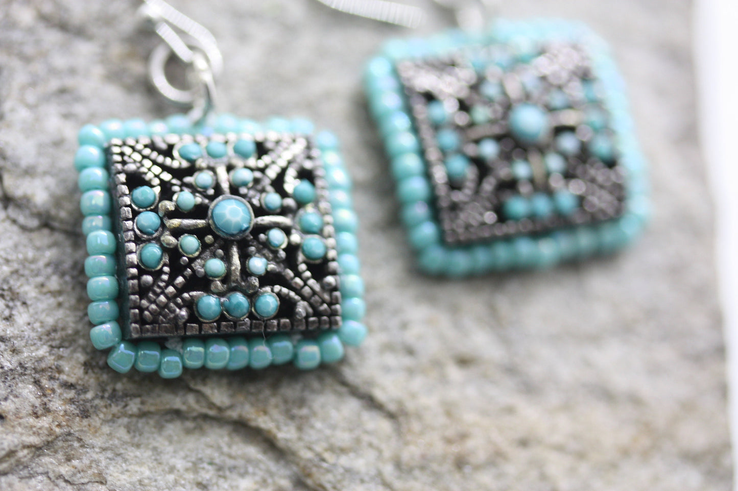 Small dangle handmade beadwork earrings - featuring vintage elements & high quality Czech glass seed beads