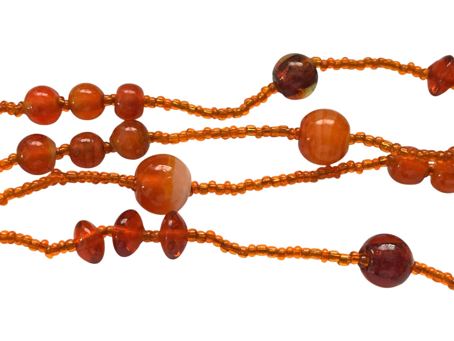 Vintage Orange Glass Bead Necklace – Long 3 Strand Beaded Statement Necklace – Amber Tone Layered Retro Jewelry
