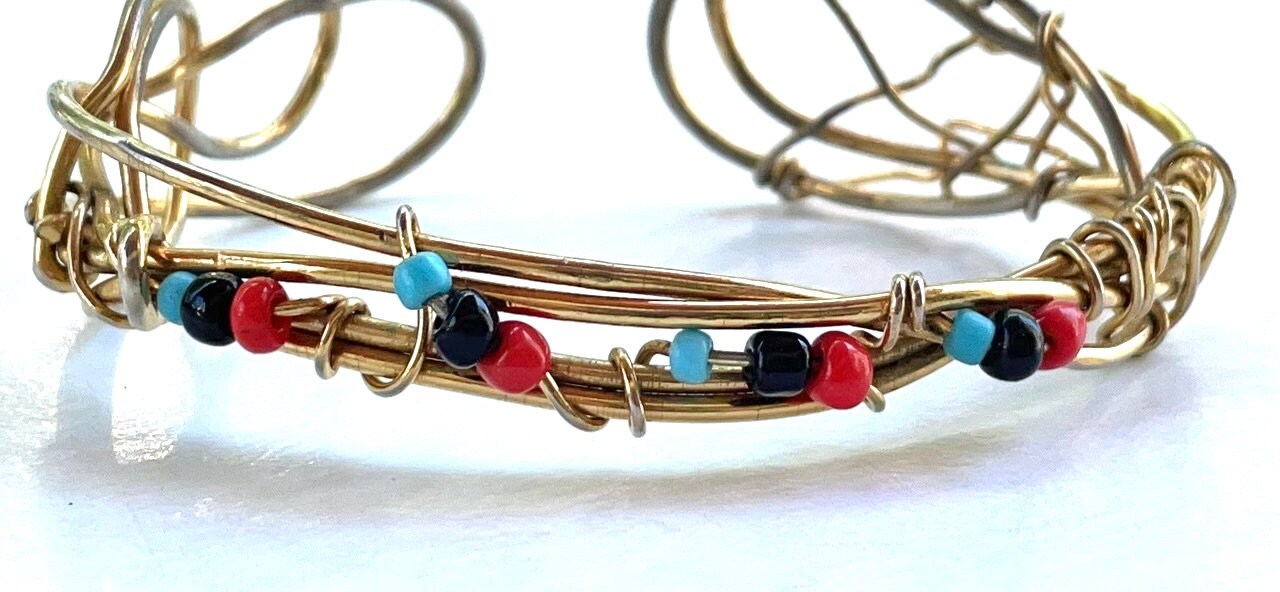 Unique vintage artisan cuff beaded wire bracelet - adjustable... one-size-fits-all