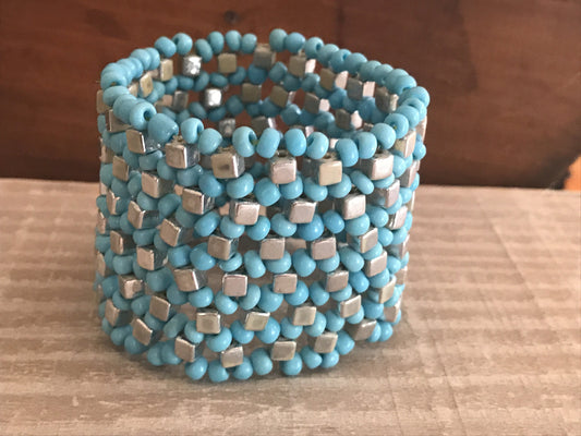 Unique vintage handmade beadwork cuff bracelet - silvertone metal & blue glass beads