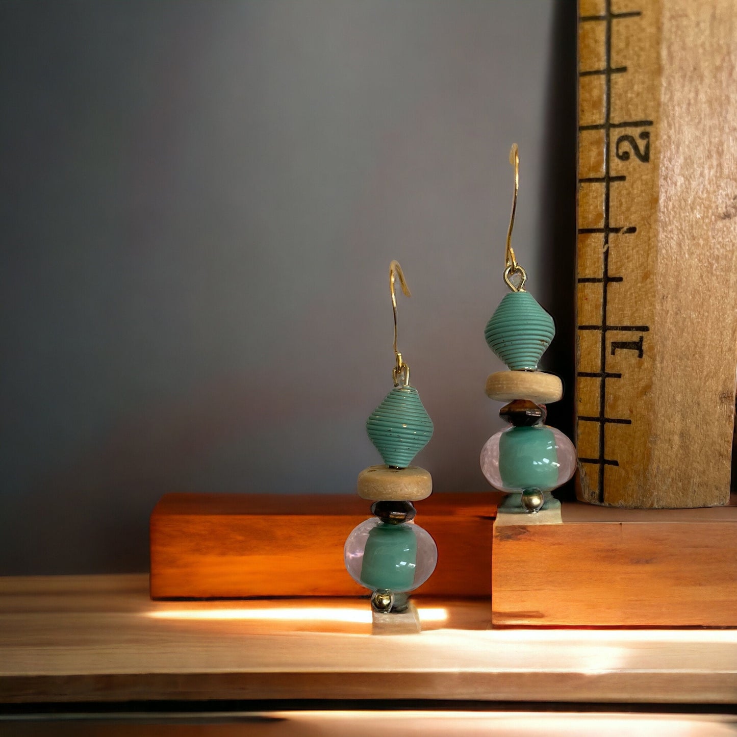 Mixed material glass, metal and wood turquoise drop earrings