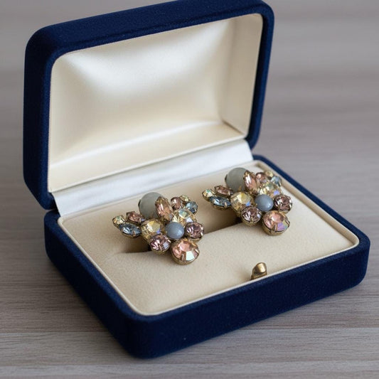 Vintage Rhinestone Cluster Clip On Earrings | Pastel Aurora Borealis Crystal Earrings | Mid Century Costume Jewelry