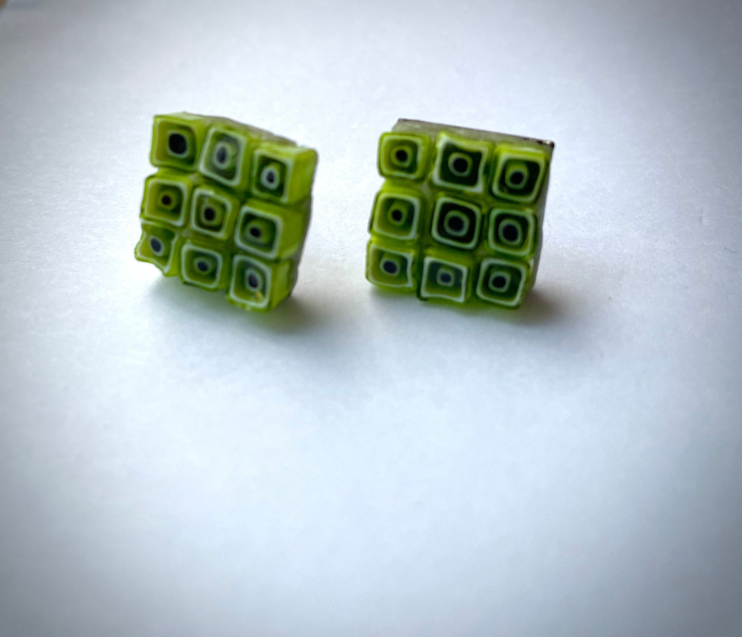 Small handmade lime green squares micro mosaic glass half-inch stud earrings