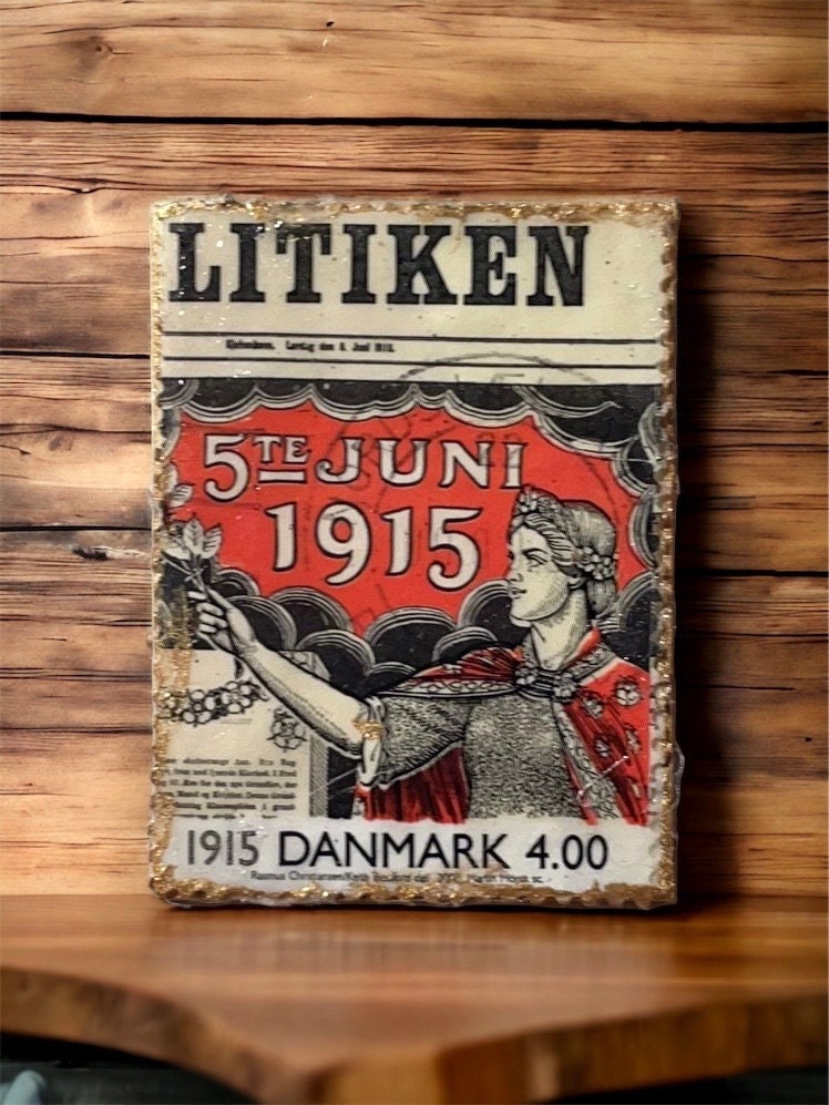 Pin or necklace pendant hand made from genuine vintage and antique postage stamps from around the world - Denmark, women suffrage