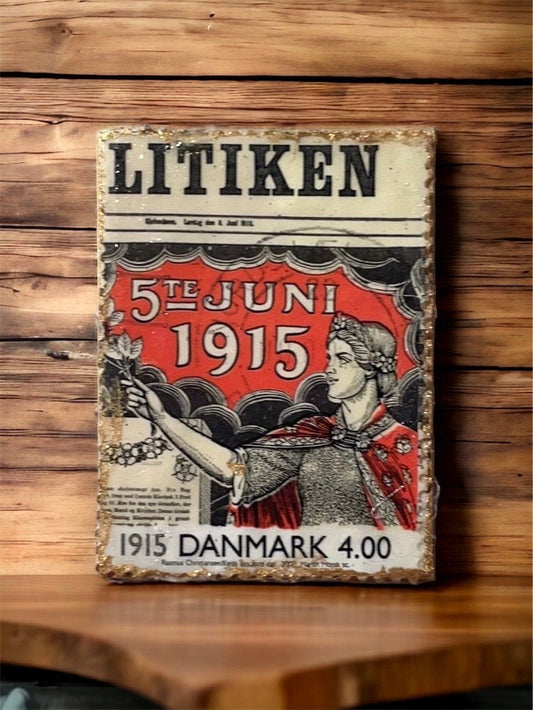 Pin or necklace pendant hand made from genuine vintage and antique postage stamps from around the world - Denmark, women suffrage