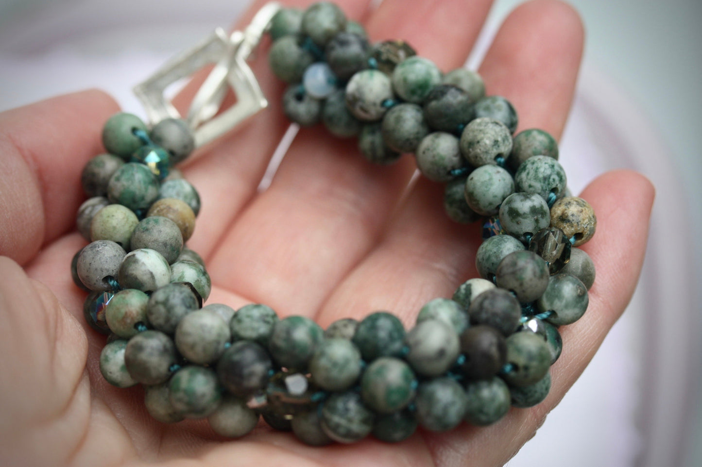 MIXED MEDIA bead crochet bracelet - Ching Hai Jade, crystal, glass, metal