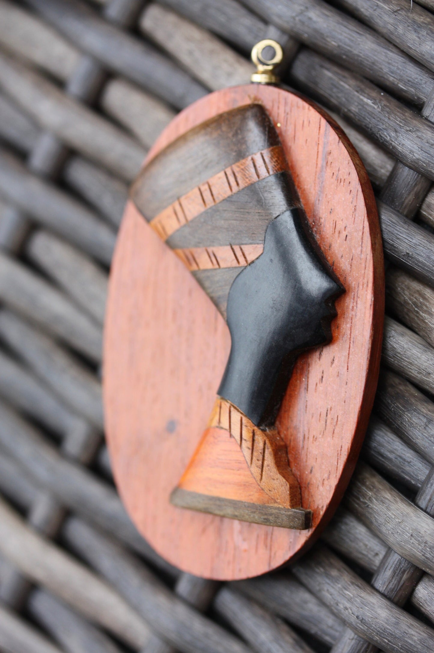 Stunning vintage inlaid wood carved sculptural African woman necklace pendant