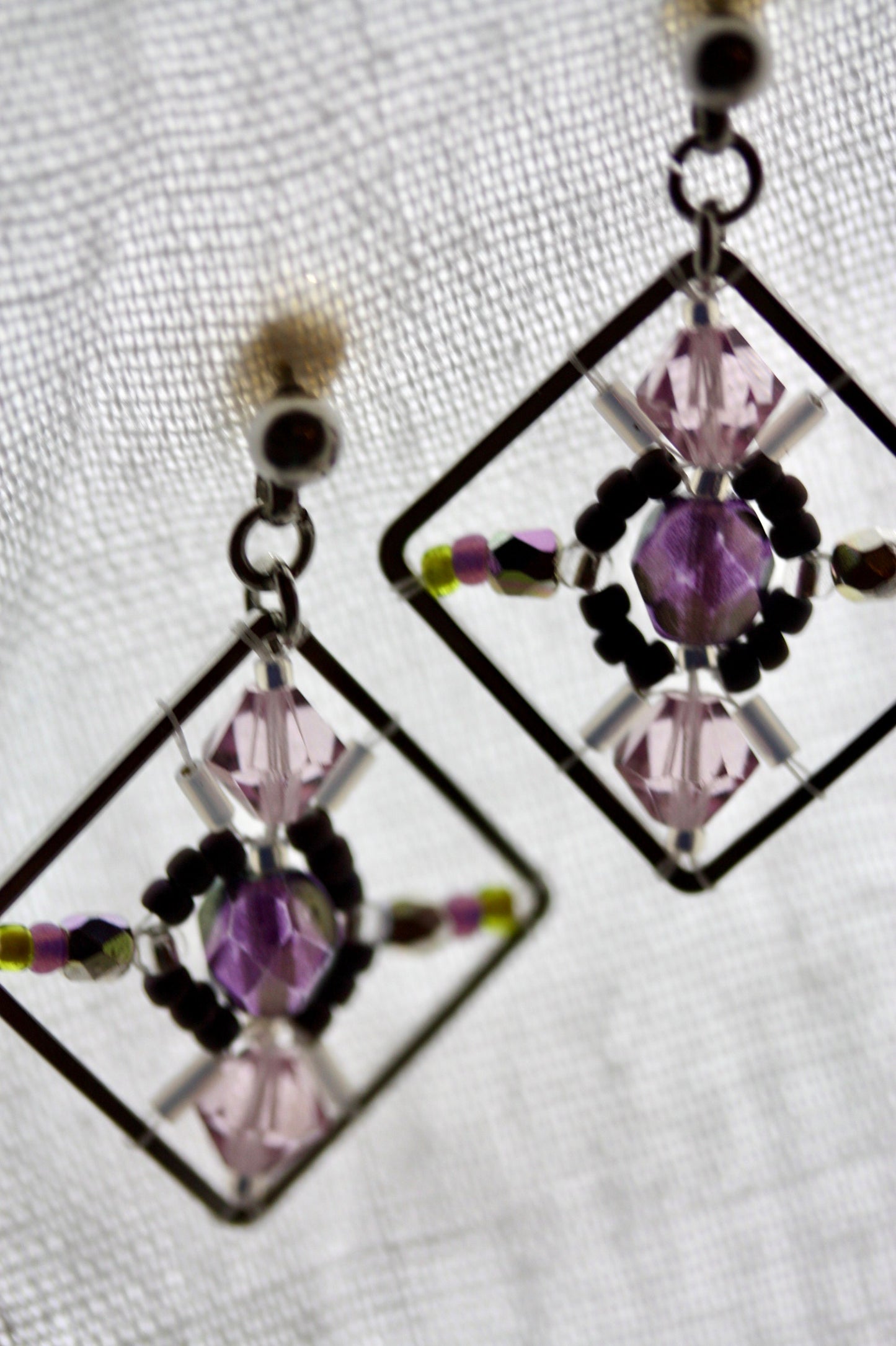 Purple, green and pink crystal and intricate beadwork small square dangle earrings