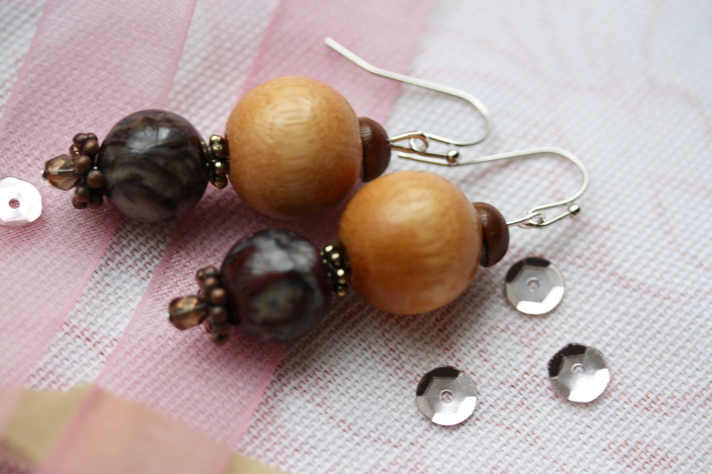 Marble and wood beaded handmade dangle earrings with vintage, upcycled and new elements