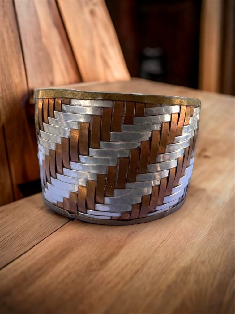 Mixed metal Basketweave hand woven copper & silver stunning vintage artisan cuff bracelet