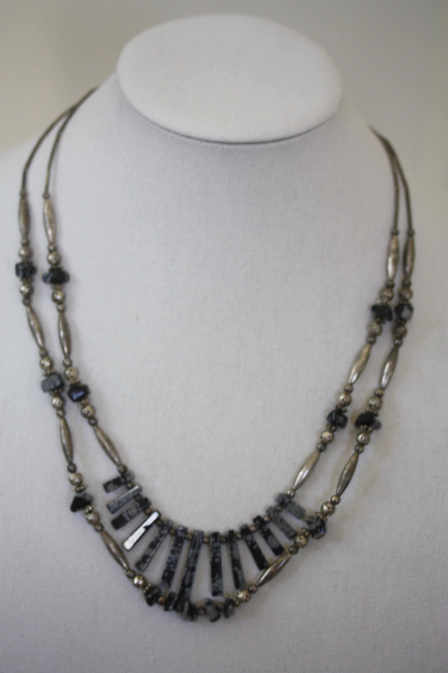 Stunning silver beaded snowflake obsidian double-stranded vintage artisan necklace
