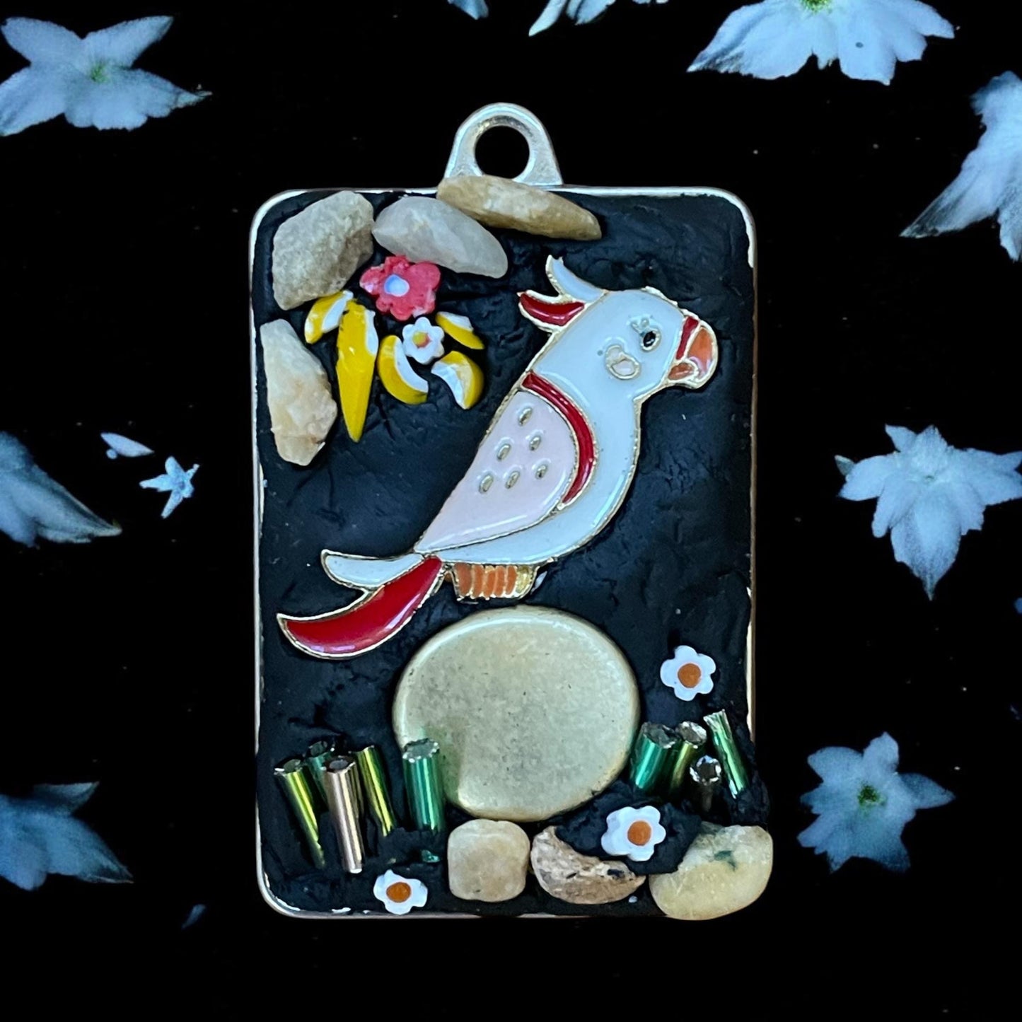 Parrot Pendant Necklace: Italian Mosaic Art - Millefiori Glass Detail