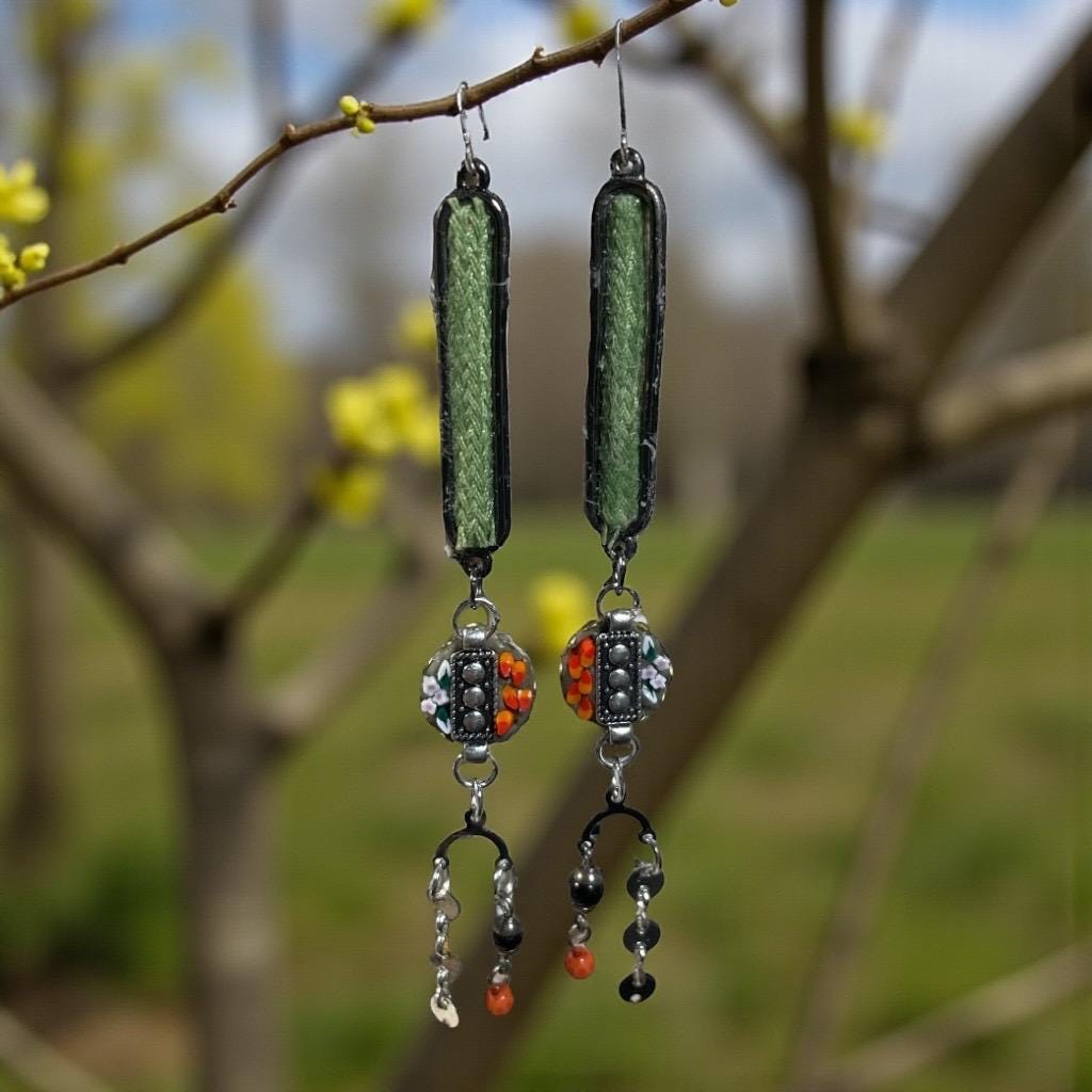 Handcrafted Boho Mosaic Dangle Earrings –Green Woven Fabric & Beaded Drop Earrings, Artisan Statement Jewelry, Colorful Mixed Media Earrings