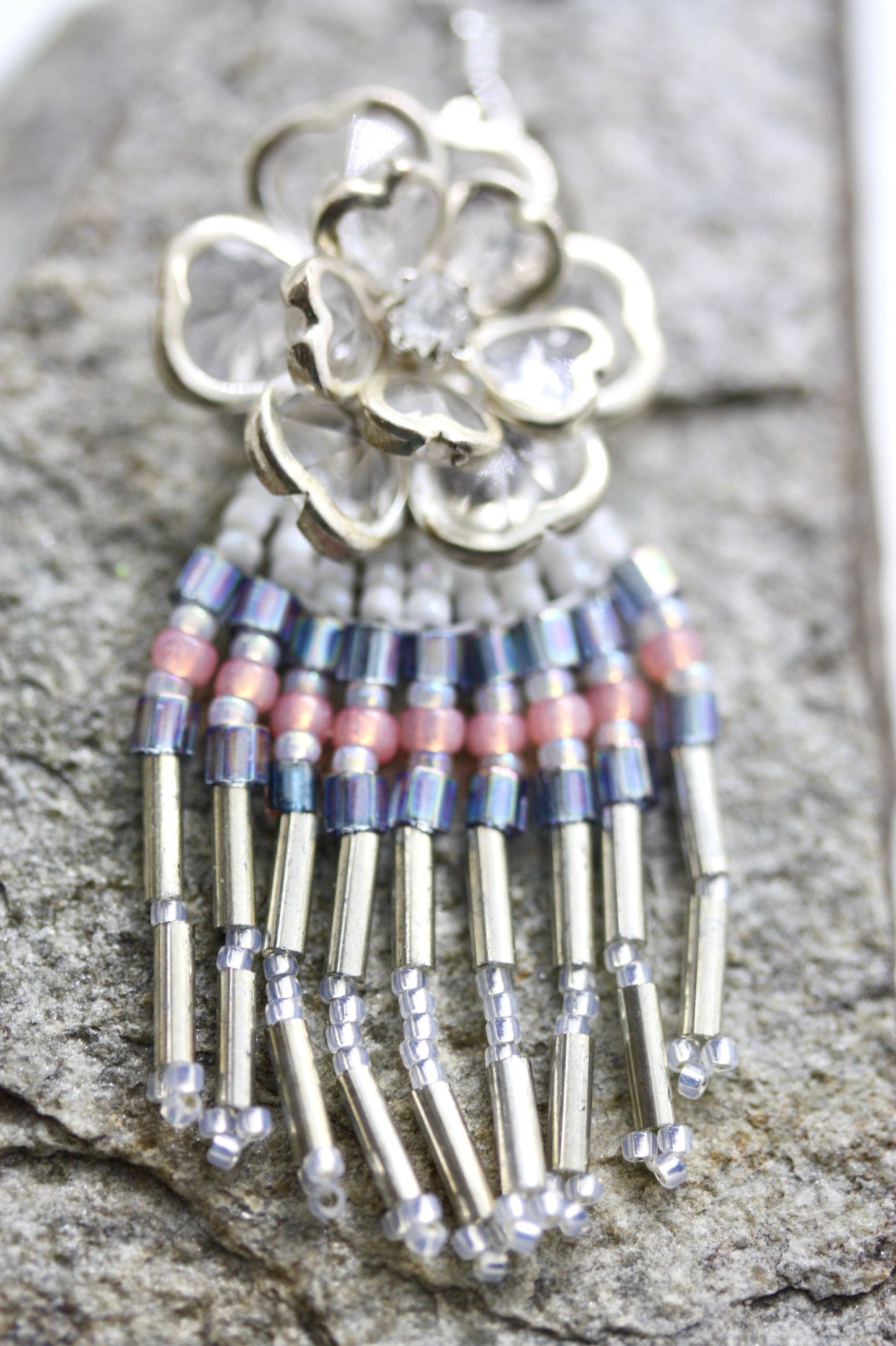 Hand beaded Native-American-Style stunning dangle beadwork earrings - with crystal flowers