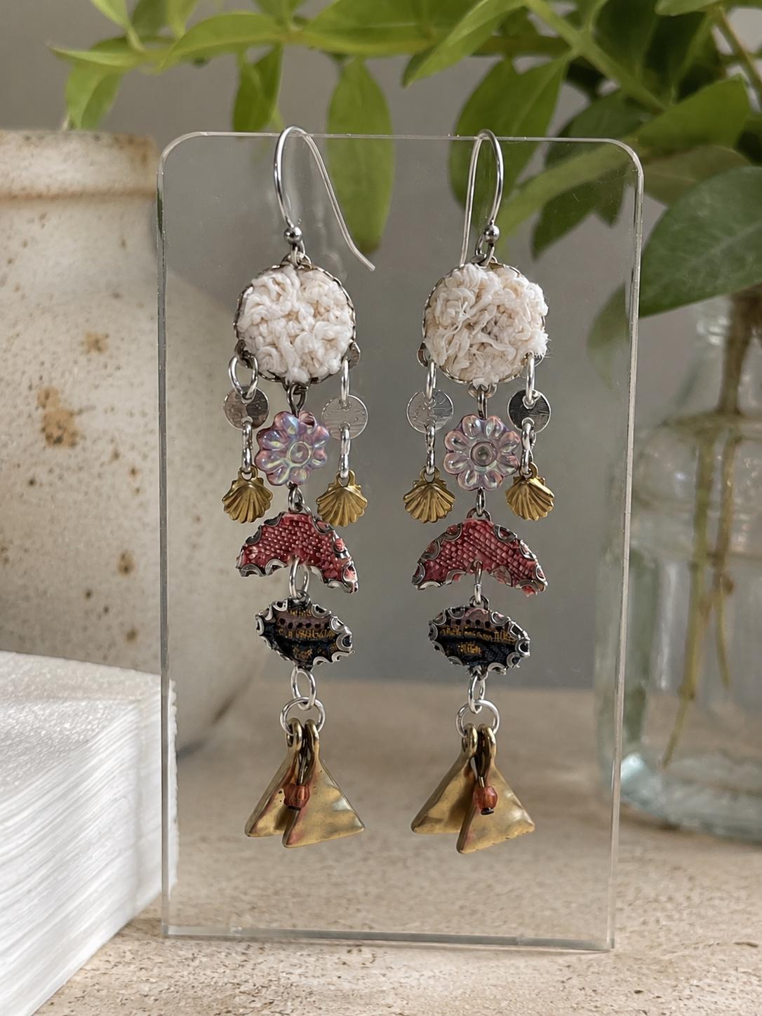 Handmade Mixed Media Dangle Earrings | Vintage Fabric Art Earrings | Boho Statement Earrings | Mixed Metal Jewelry | Artisan One of a Kind