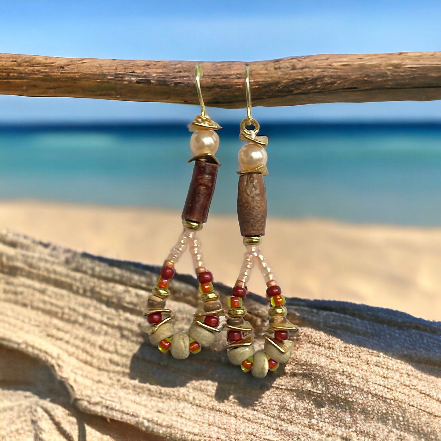 Hand beaded stunning dangle beadwork earrings - ombre shades of glass seed beads with wood, rippled metal spacers and pearls