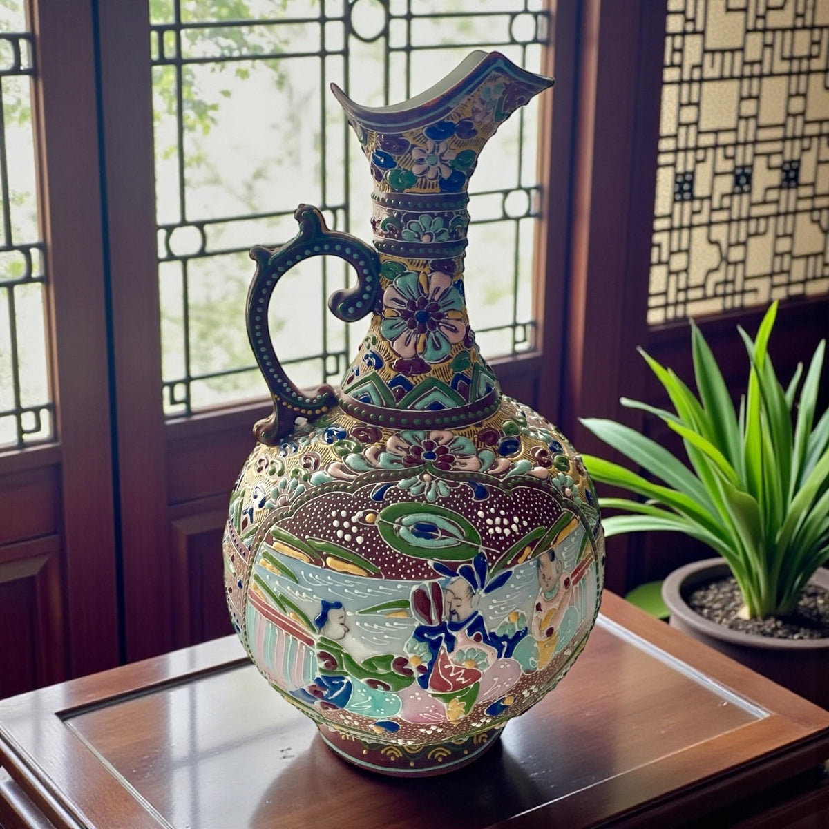 Antique Japanese Satsuma Moriage Pitcher | Hand Painted Figural Ewer Vase | Raised Enamel Gold Gilt | Meiji Style Art Pottery