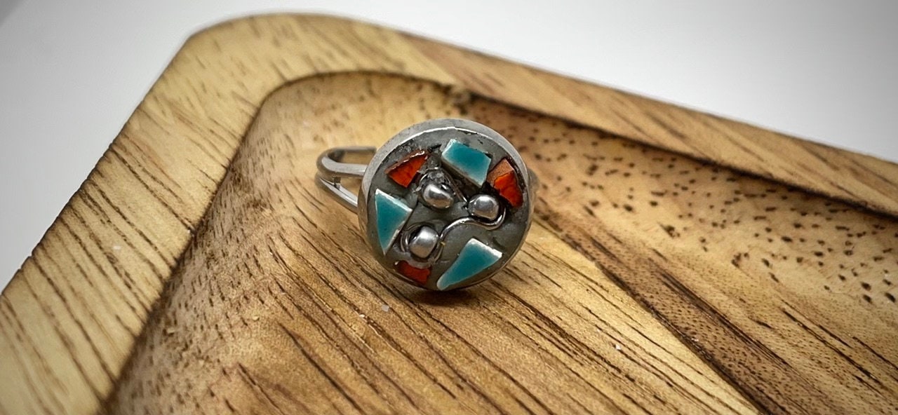 Handmade mosaic adjustable ring - Italian inspired - inlaid hand cut glass tile with wire and metallic seed beads
