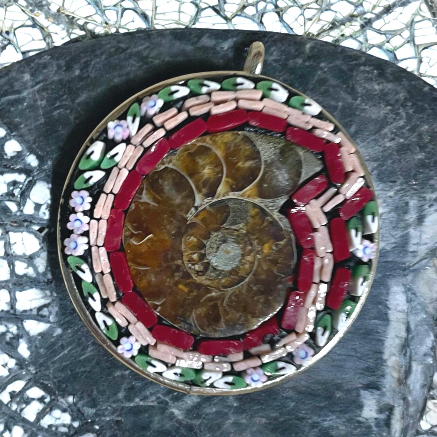 Handmade Ammonite Micro Mosaic Necklace – Unique Fossil Jewelry with Hand-Cut Italian Murrini – Stunning Statement Pendant Gift for Her