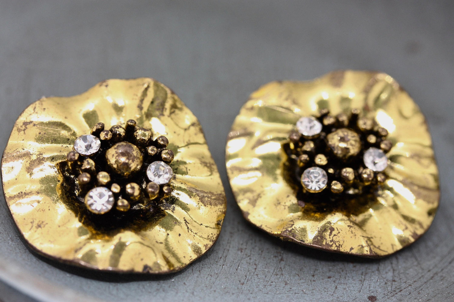 Goldtone and rhinestone earrings -made of vintage components combined with new findings