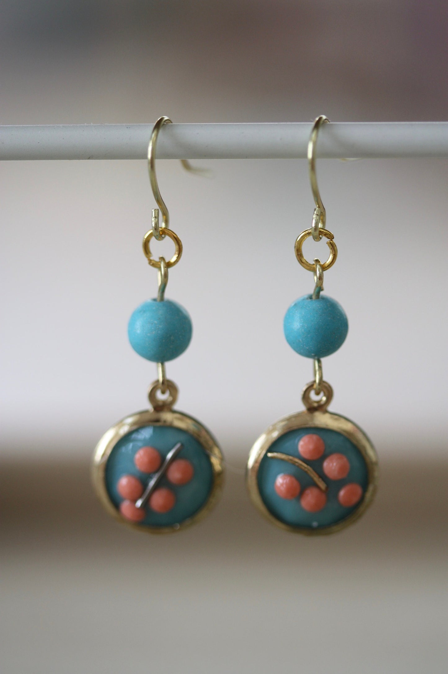 Sweet handmade peach dotted blue floral dangle earrings