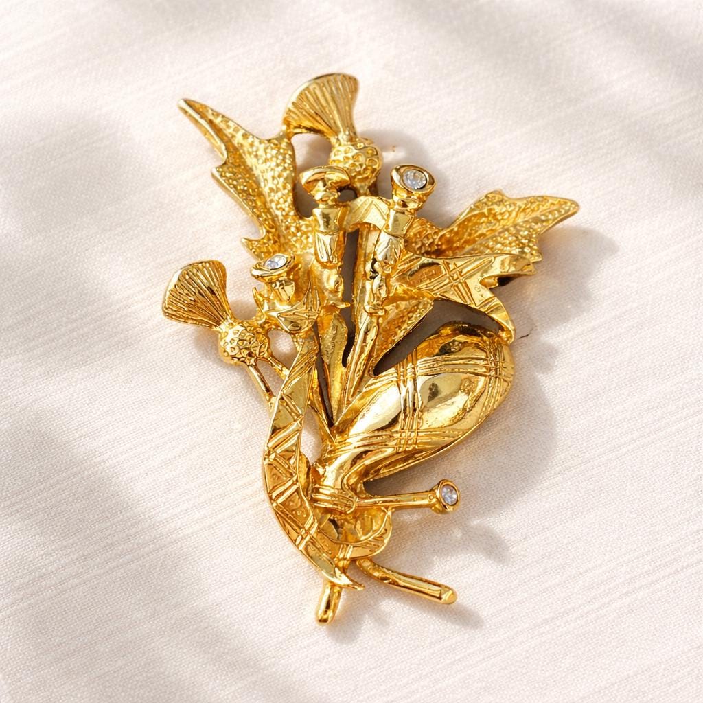 Vintage Gold Thistle Brooch Rhinestone Scottish Thistle Pin Gold Tone Floral Brooch Vintage Costume Jewelry Gift for Her