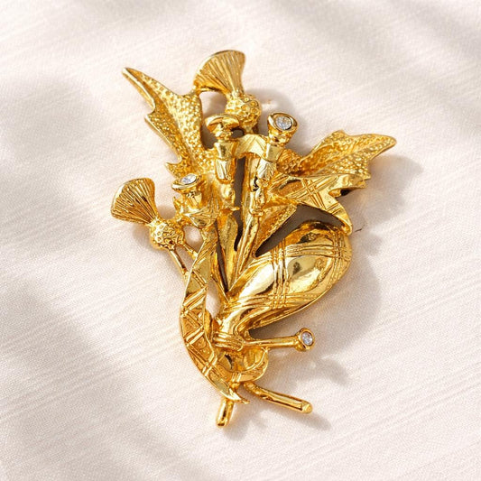 Vintage Gold Thistle Brooch Rhinestone Scottish Thistle Pin Gold Tone Floral Brooch Vintage Costume Jewelry Gift for Her