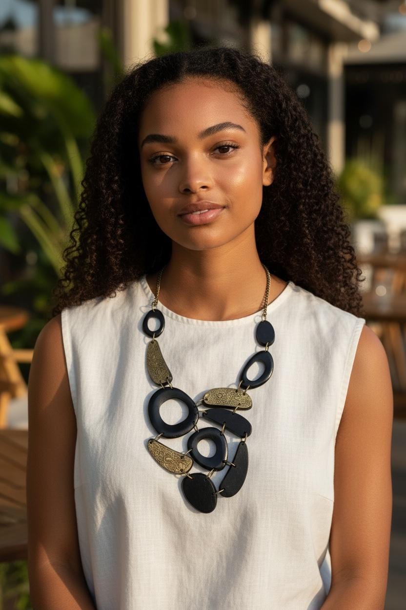 Vintage Wood Statement Necklace | Large Mixed Wood and Brass Tone Links | Boho Artisan Style Necklace | Chunky Wood Jewelry