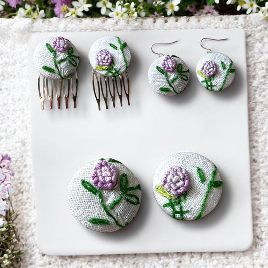 Choice of stud earrings, dangle earrings, hair combs, shanked buttons or pins all hand made from a vintage linen embroidered table runner