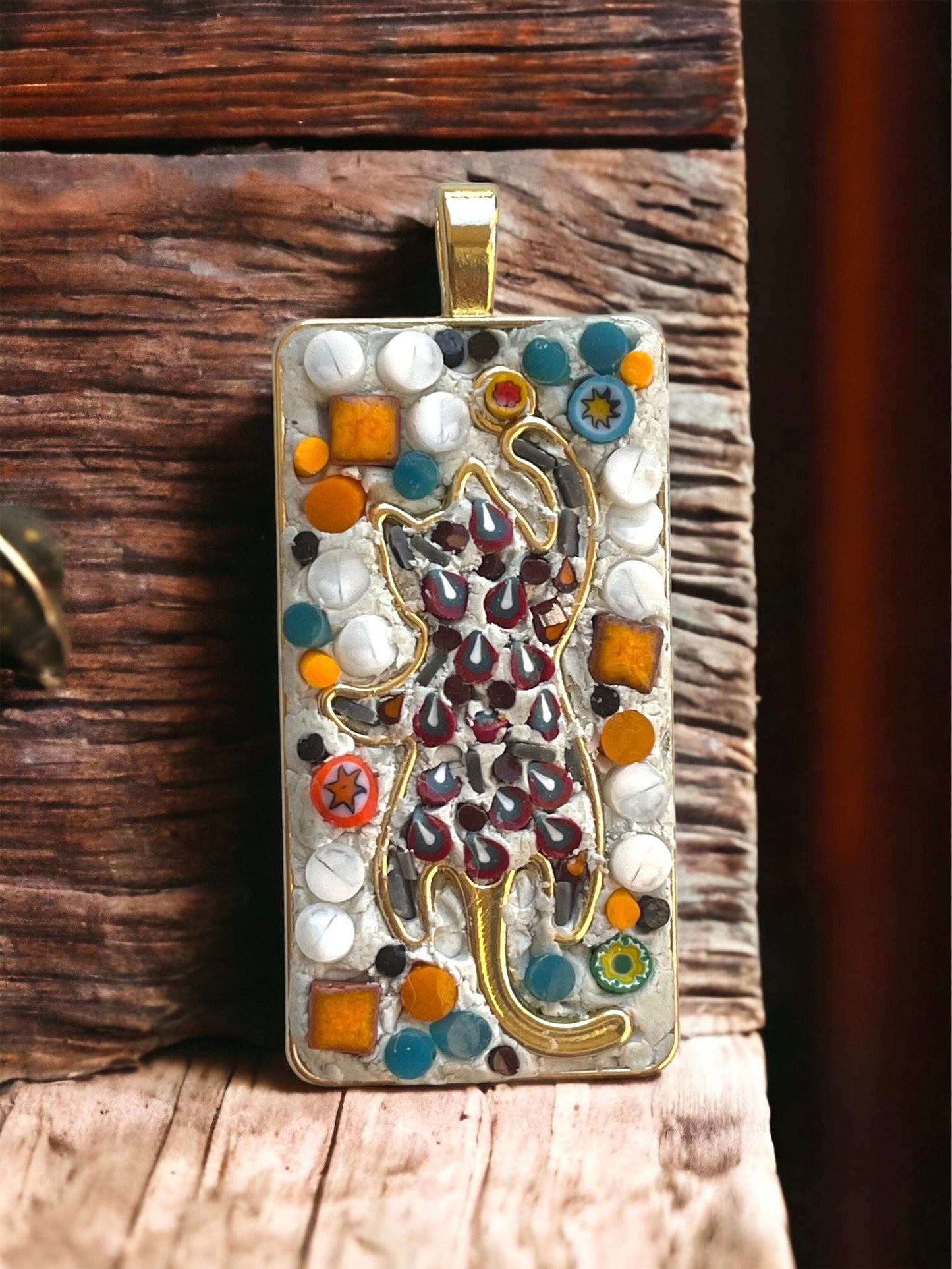 Handmade mixed material micro mosaic cat necklace - made from hand cut millefiori glass and tiles