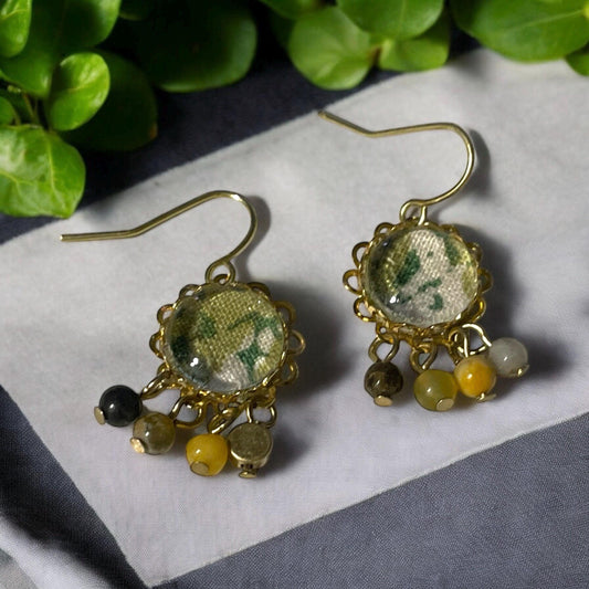 Tiny dangle earrings handmade mixed media earrings made with vintage fabric, glass cabochons, sloped ear wires and tiny dangles