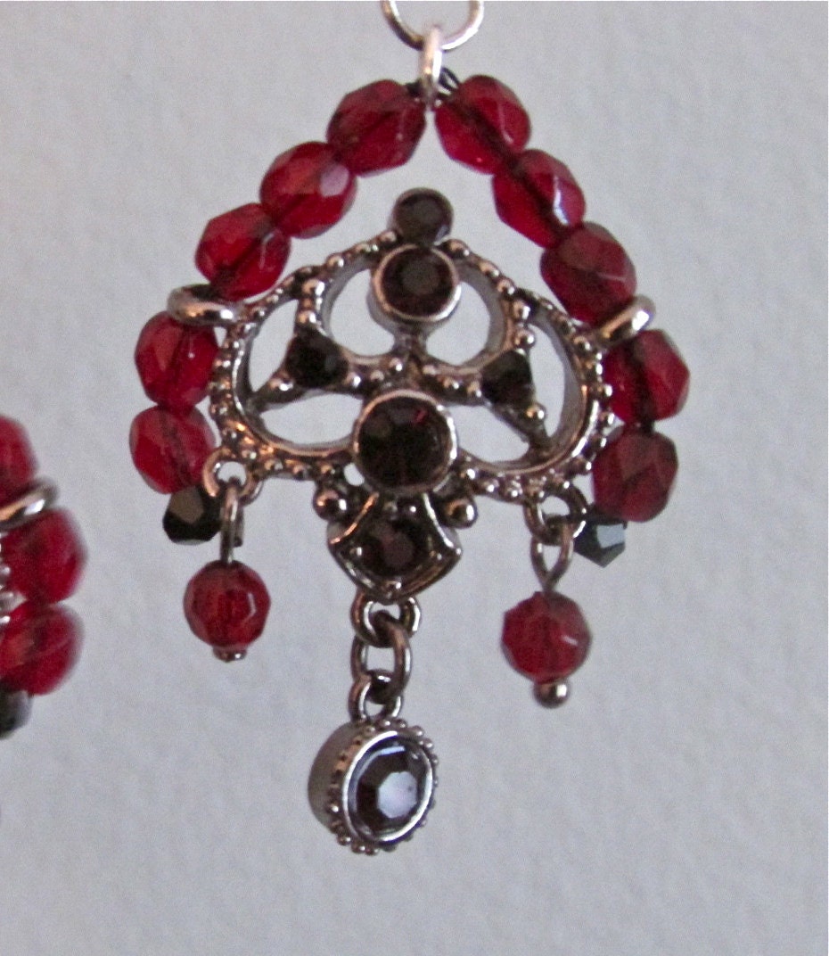 Chandelier dangle earrings - upcycled vintage base with Czech fire polished cranberry glass crystals & Swarovski crystals