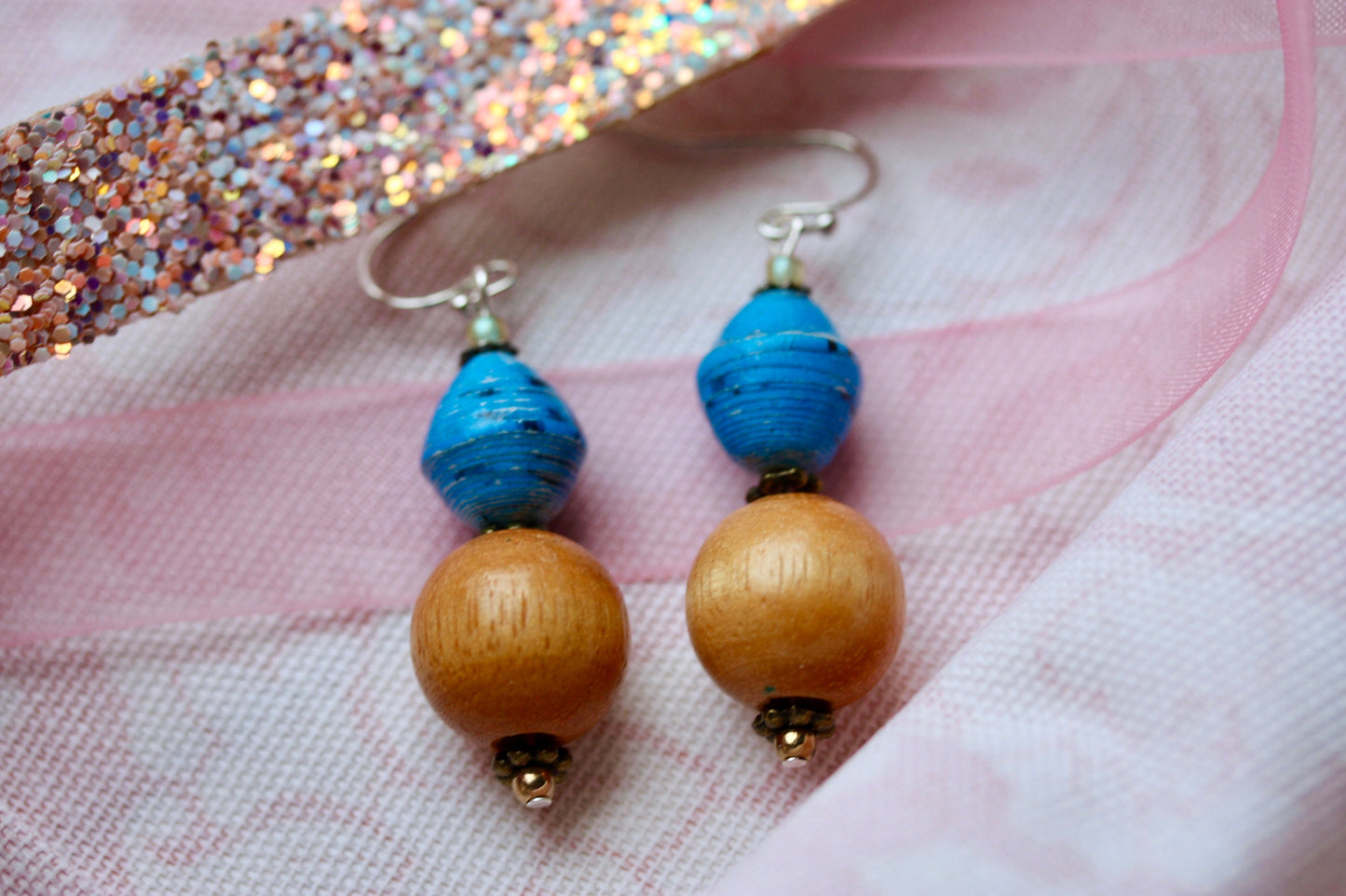 Rolled blue paper and tan wood beads handmade dangle earrings with vintage, upcycled and new elements