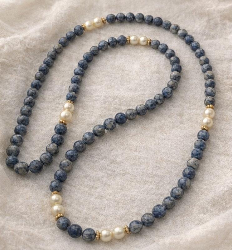 Long Blue Sodalite & Faux Pearl Necklace 32” Vintage Beaded Strand Gold Spacers Layering Statement Jewelry