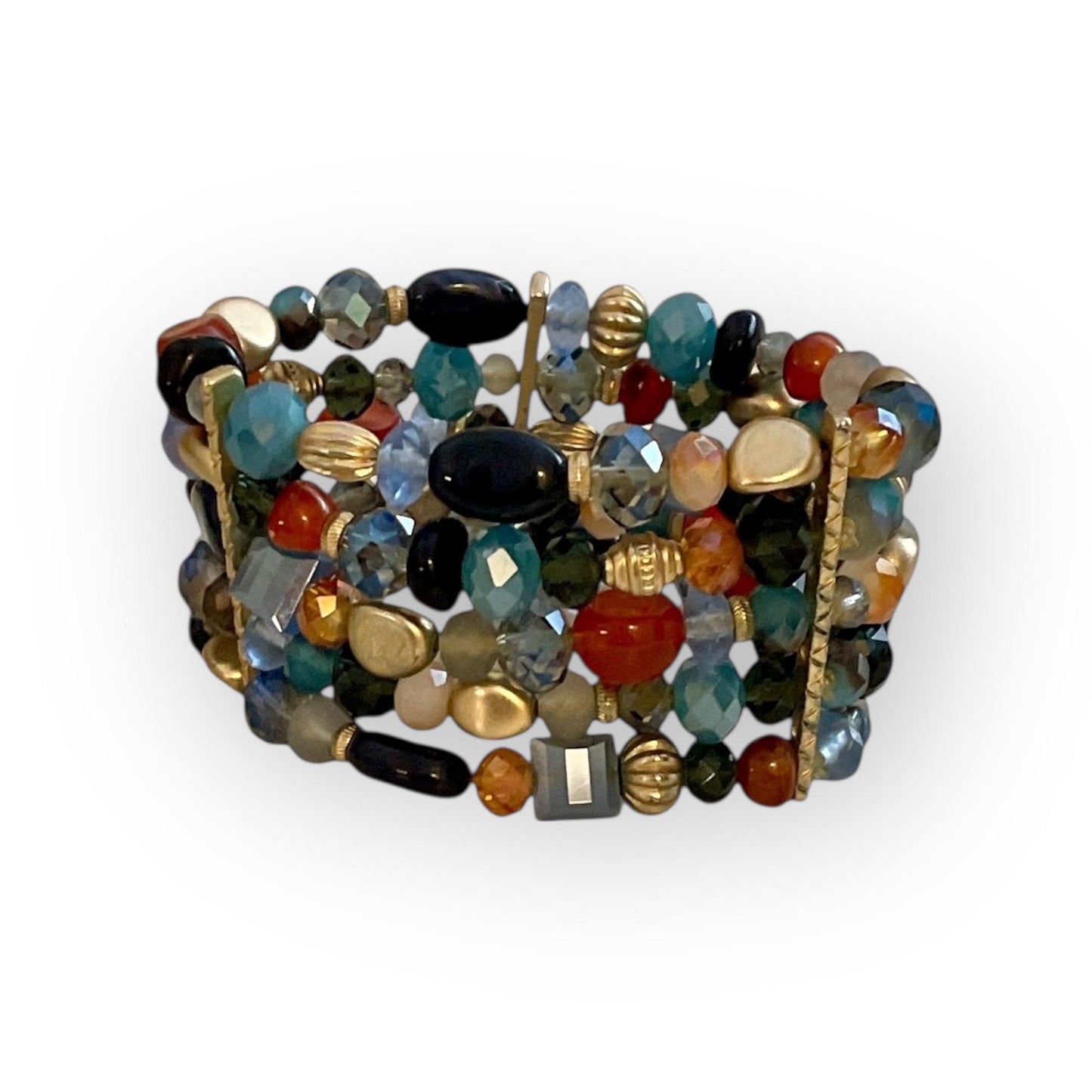 Vintage 5-Strand Memory Wire Beaded Bracelet – Crystal, Metal & Mixed Materials Adjustable Jewelry