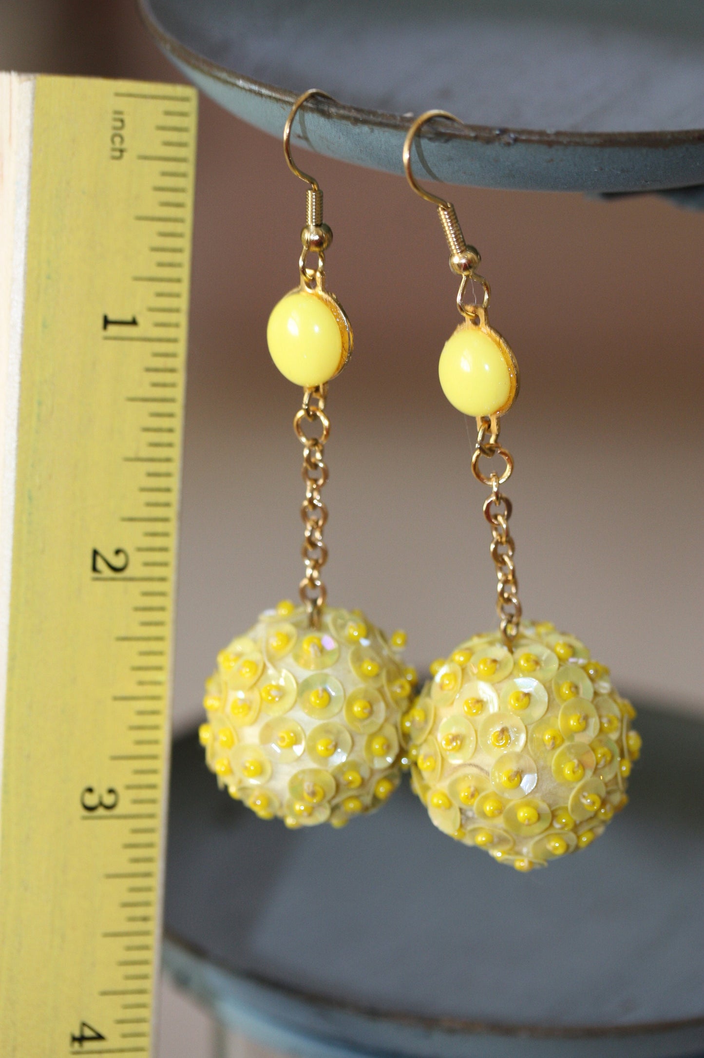 Upcycled yellow sequined ball drop earrings