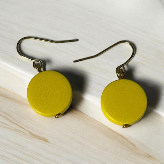 Handmade wooden dangle earrings - simple yellow drop earrings - lightweight, easy to wear, wood earrings, yellow earrings