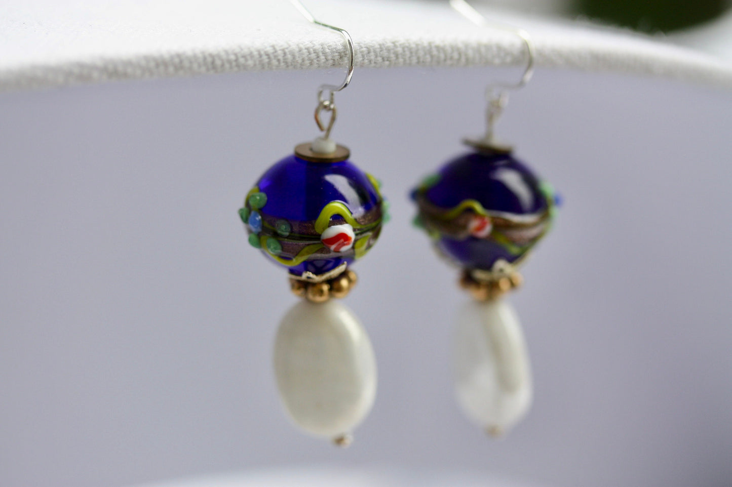 Cobalt blue Birthday cake vintage art glass earrings with white oval vintage glass